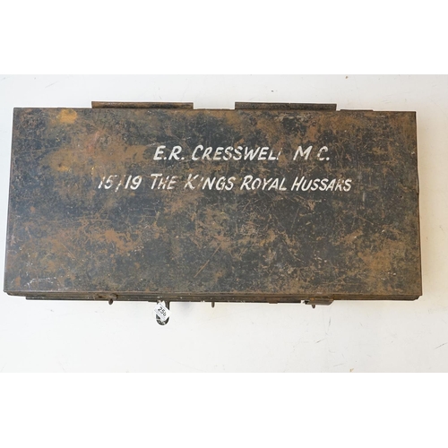 258 - A Vintage Metal Military Storage Trunk Named To E.R. Cresswell M.C. Of The Kings Royal Hussars.