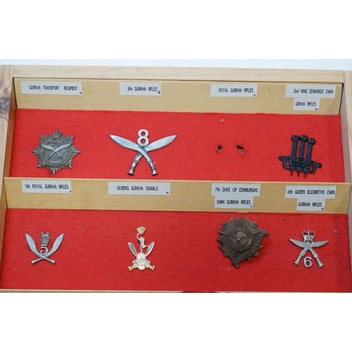 298 - A Large Collection Of Military Cap Badges Contained And Mounted Within A Pine Seven Drawer Collector... 