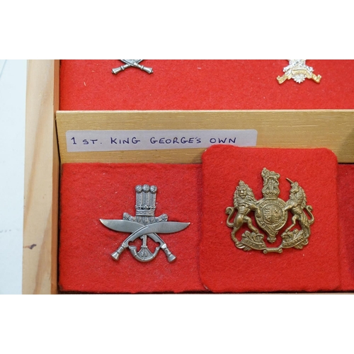 298 - A Large Collection Of Military Cap Badges Contained And Mounted Within A Pine Seven Drawer Collector... 