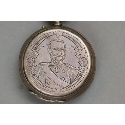 348 - A World War One German White Metal Pocket Watch, Engraved To Verso With Portrait Of Kaiser Wilhelm I... 