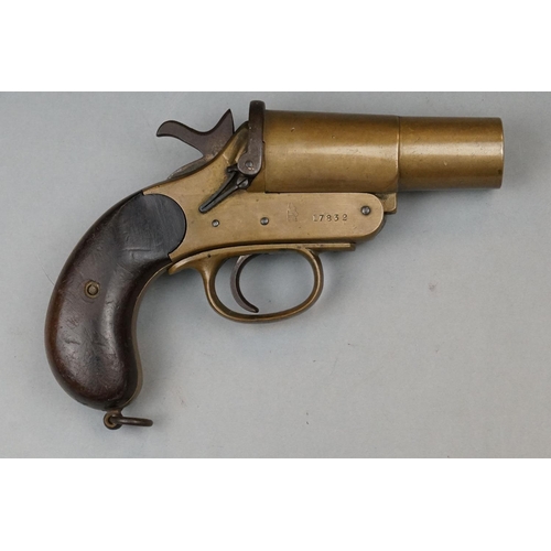 353 - A World War One British Webley & Scott Flare Gun, Dated ’15, Brass Body, Cast Iron Spring Lock, Wood... 