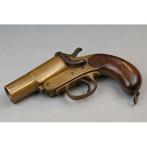 353 - A World War One British Webley & Scott Flare Gun, Dated ’15, Brass Body, Cast Iron Spring Lock, Wood... 