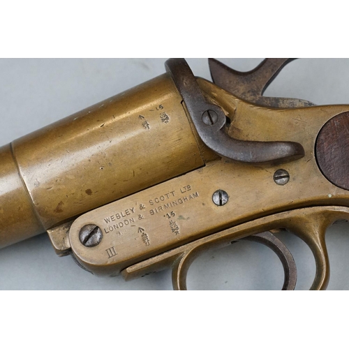 353 - A World War One British Webley & Scott Flare Gun, Dated ’15, Brass Body, Cast Iron Spring Lock, Wood... 