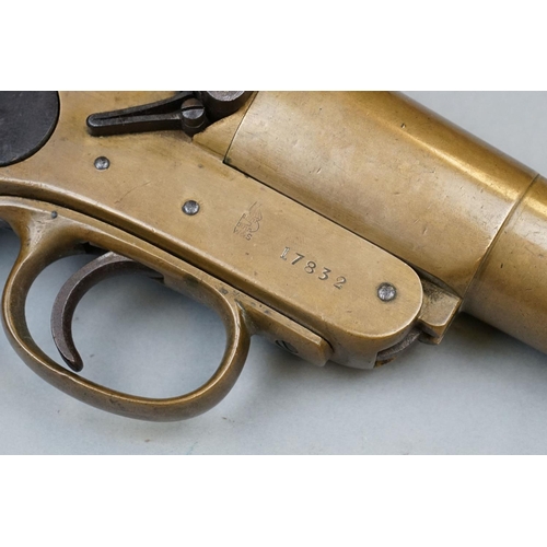 353 - A World War One British Webley & Scott Flare Gun, Dated ’15, Brass Body, Cast Iron Spring Lock, Wood... 