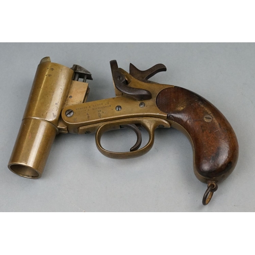 353 - A World War One British Webley & Scott Flare Gun, Dated ’15, Brass Body, Cast Iron Spring Lock, Wood... 