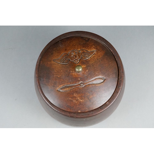 215 - A World War One Turned Wooden Biscuit Barrel With Carved Propeller and Royal Flying Corps Badge To T... 