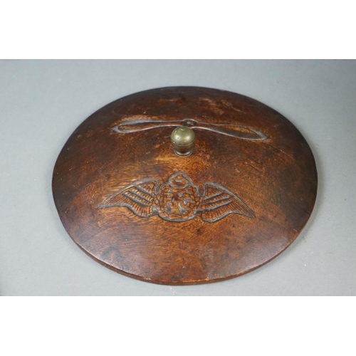 215 - A World War One Turned Wooden Biscuit Barrel With Carved Propeller and Royal Flying Corps Badge To T... 