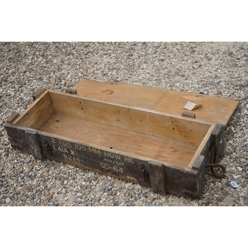 464 - A British Military 105mm Howitzer HE Wooden Ammunition Box, Measures Approx 92cm x 34cm x 20cm.