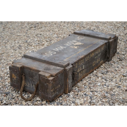 464 - A British Military 105mm Howitzer HE Wooden Ammunition Box, Measures Approx 92cm x 34cm x 20cm.