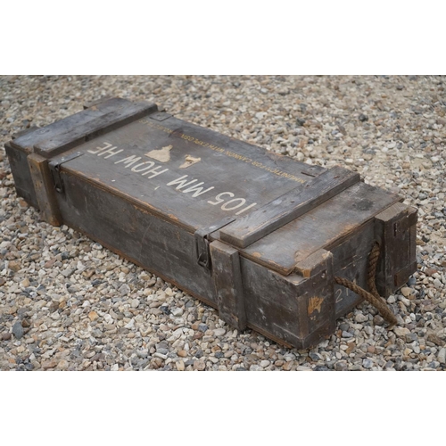 464 - A British Military 105mm Howitzer HE Wooden Ammunition Box, Measures Approx 92cm x 34cm x 20cm.