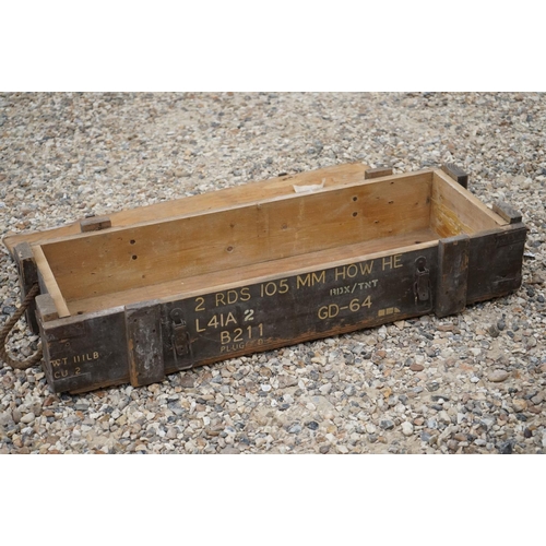 464 - A British Military 105mm Howitzer HE Wooden Ammunition Box, Measures Approx 92cm x 34cm x 20cm.