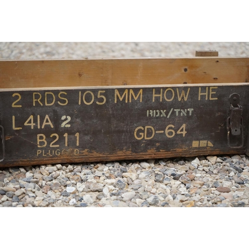 464 - A British Military 105mm Howitzer HE Wooden Ammunition Box, Measures Approx 92cm x 34cm x 20cm.