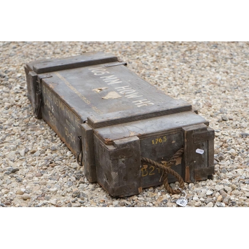 464 - A British Military 105mm Howitzer HE Wooden Ammunition Box, Measures Approx 92cm x 34cm x 20cm.