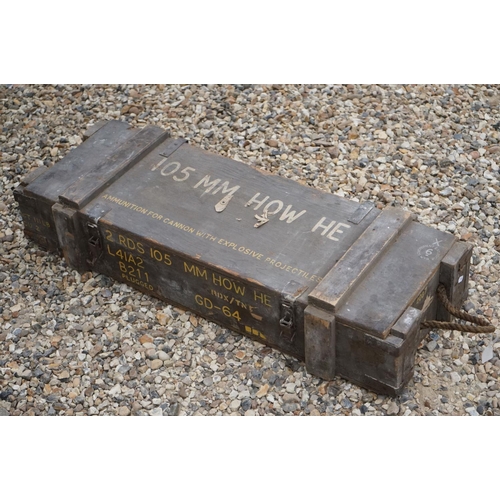 465 - A British Military 105mm Howitzer HE Wooden Ammunition Box, Measures Approx 92cm x 34cm x 20cm.