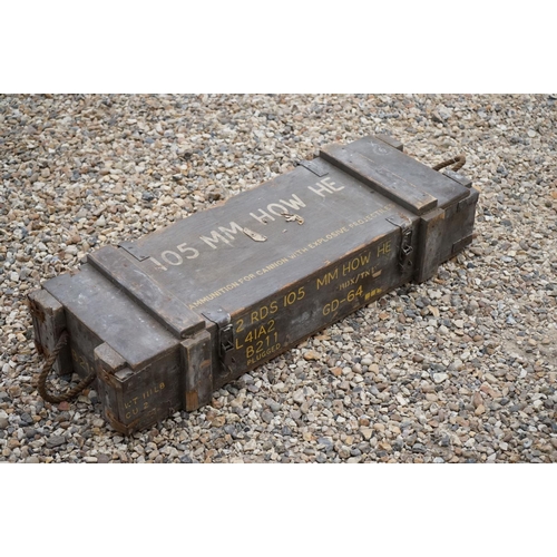 465 - A British Military 105mm Howitzer HE Wooden Ammunition Box, Measures Approx 92cm x 34cm x 20cm.