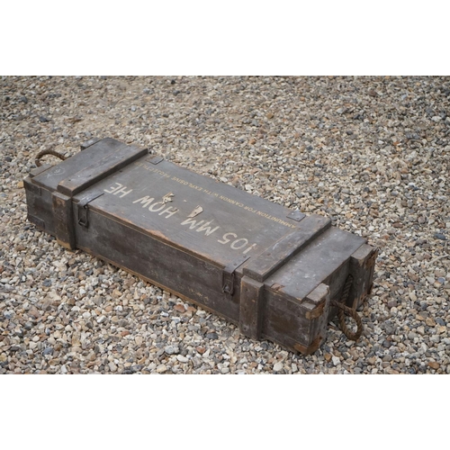 465 - A British Military 105mm Howitzer HE Wooden Ammunition Box, Measures Approx 92cm x 34cm x 20cm.