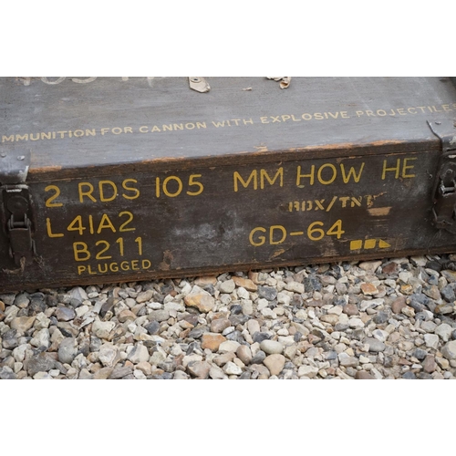 465 - A British Military 105mm Howitzer HE Wooden Ammunition Box, Measures Approx 92cm x 34cm x 20cm.