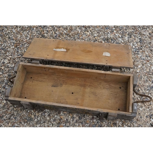 465 - A British Military 105mm Howitzer HE Wooden Ammunition Box, Measures Approx 92cm x 34cm x 20cm.