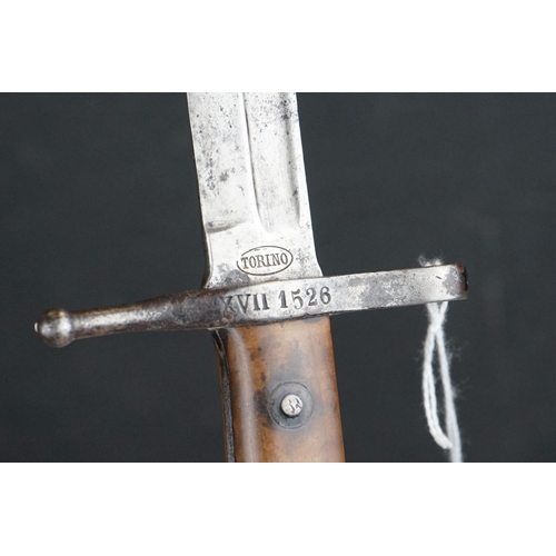 296 - A Italian Military 1891 Model Carcano Knife Bayonet, Complete With Original Scabbard Dated 1914.