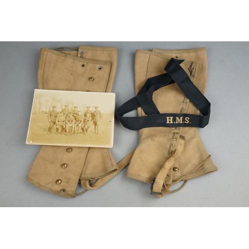 374 - A Small Group Of Military Collectables To Include A Pair Of British Army Gaiters, A Navy Cap Tally A... 