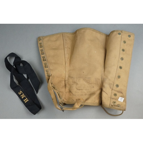 374 - A Small Group Of Military Collectables To Include A Pair Of British Army Gaiters, A Navy Cap Tally A... 