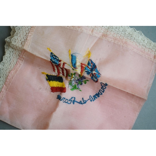 450 - A Small Collection Of Three World War One Embroidered Handkerchief's Together With A Royal Navy HMS ... 