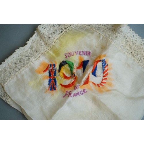 450 - A Small Collection Of Three World War One Embroidered Handkerchief's Together With A Royal Navy HMS ... 