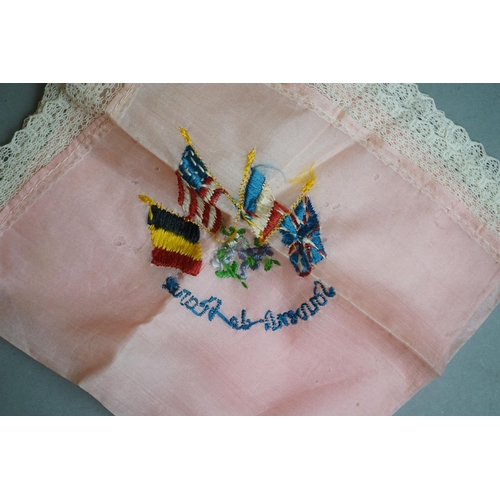 450 - A Small Collection Of Three World War One Embroidered Handkerchief's Together With A Royal Navy HMS ... 