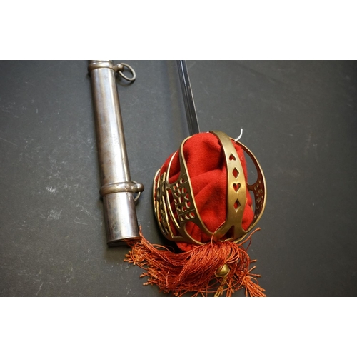 455 - A Scottish Hilt Sword With Decorative Brass Basket With Red Velvet Lining And Original Steel Scabbar... 