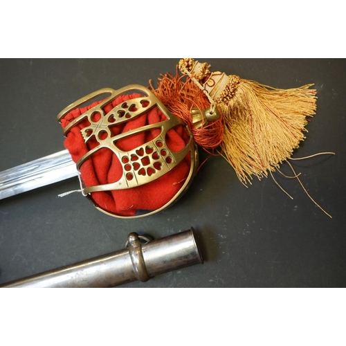 455 - A Scottish Hilt Sword With Decorative Brass Basket With Red Velvet Lining And Original Steel Scabbar... 