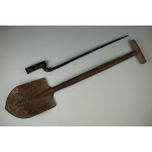 456 - An Antique Military Socket Mounted Bayonet Together With A Vintage Entrenching Shovel.