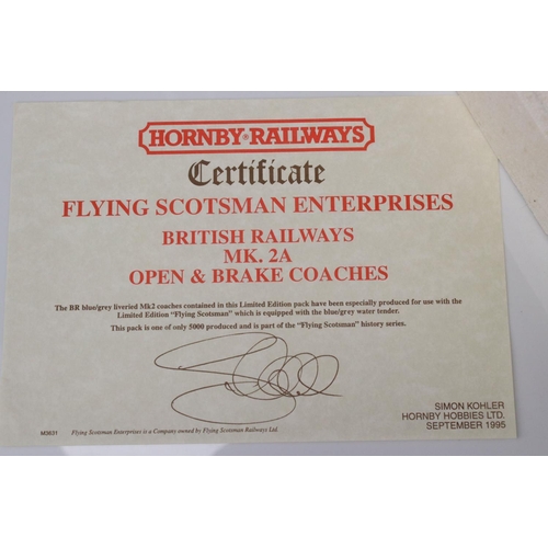 27 - Boxed ltd edn Hornby OO gauge R089 Flying Scotsman BR Mk 2A Open & Brake Coaches, complete with cert... 