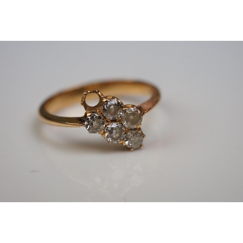 340 - Diamond five stone yellow gold ring (one stone deficient) five round brilliant cut diamonds, claw se... 