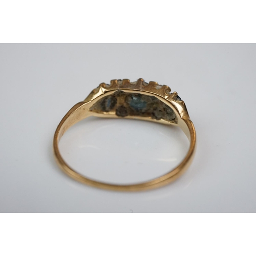 342 - Three rings: Diamond and emerald three stone 18ct yellow gold ring, central cushion cut diamond with... 