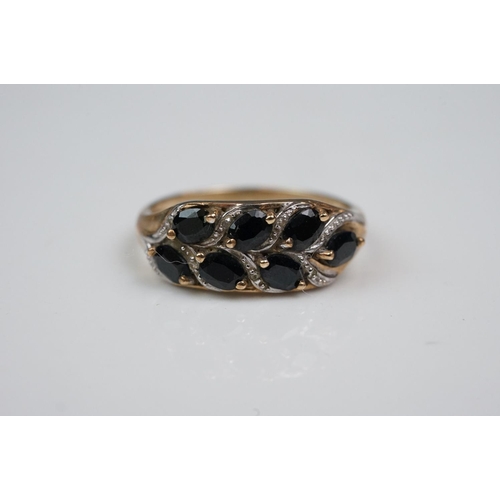 342 - Three rings: Diamond and emerald three stone 18ct yellow gold ring, central cushion cut diamond with... 