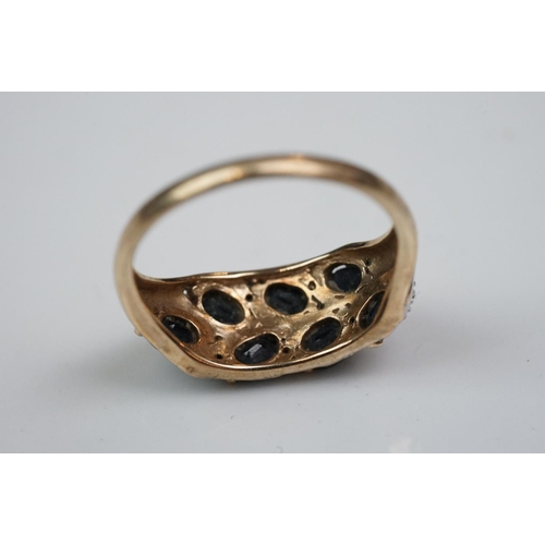 342 - Three rings: Diamond and emerald three stone 18ct yellow gold ring, central cushion cut diamond with... 