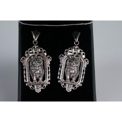 345 - Pair of silver Art Deco style drop earrings, in the form of cats