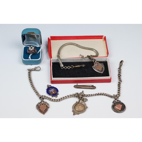 348 - A collection of Stirling silver watch fobs together with two Albert chains and a silver ring.