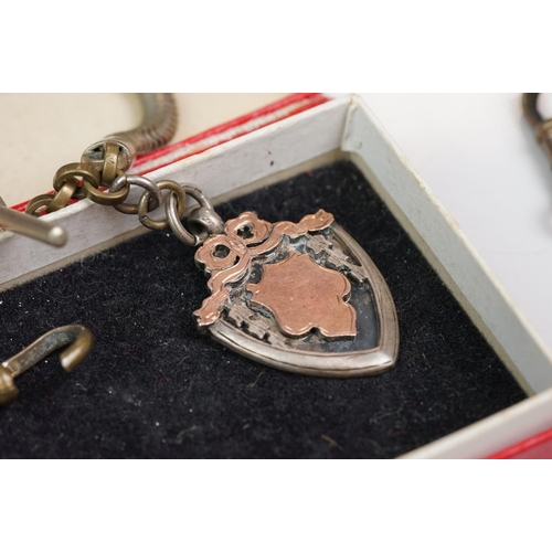 348 - A collection of Stirling silver watch fobs together with two Albert chains and a silver ring.
