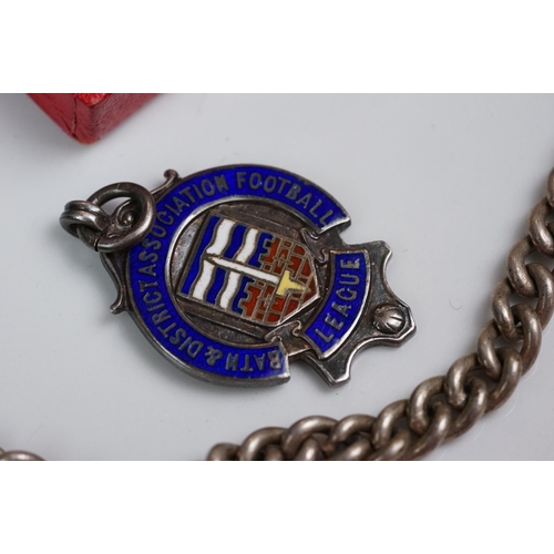 348 - A collection of Stirling silver watch fobs together with two Albert chains and a silver ring.
