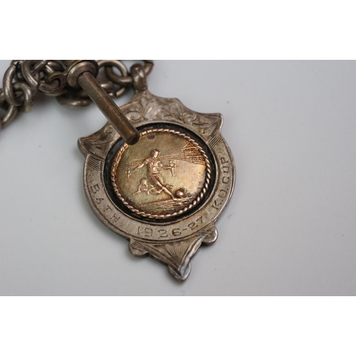 348 - A collection of Stirling silver watch fobs together with two Albert chains and a silver ring.