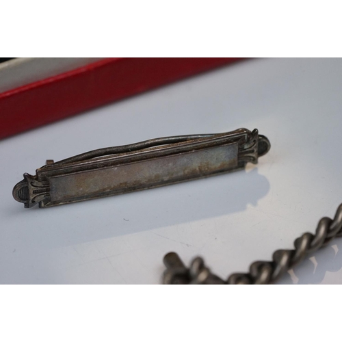 348 - A collection of Stirling silver watch fobs together with two Albert chains and a silver ring.