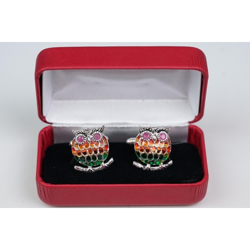 350 - Pair of silver plique-a-jour owl cufflinks, set with ruby eyes