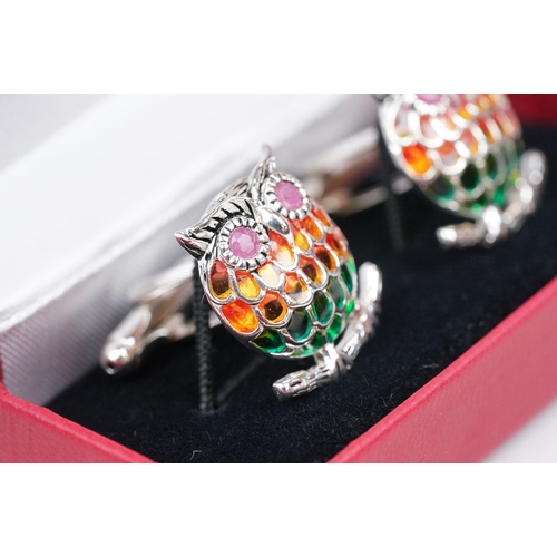 350 - Pair of silver plique-a-jour owl cufflinks, set with ruby eyes