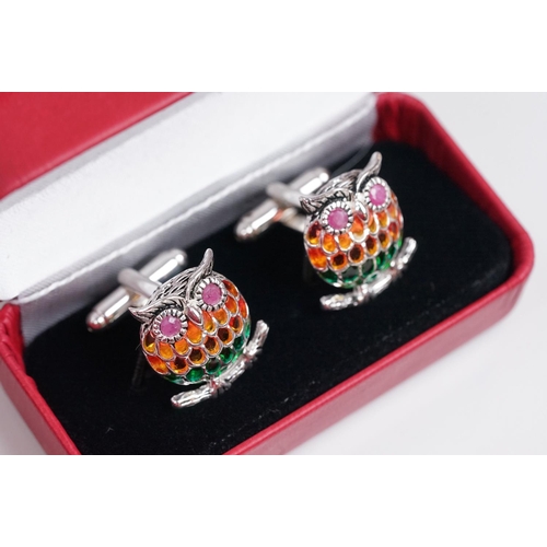 350 - Pair of silver plique-a-jour owl cufflinks, set with ruby eyes