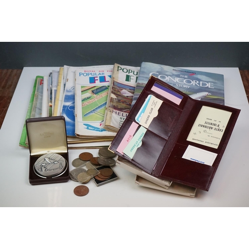 296 - A collection of Concorde collectables together with a small quantity of coins.