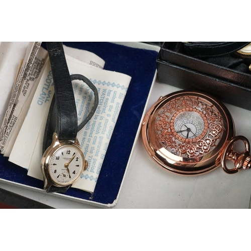297 - A collection of watches to include Rotary and Timex examples together with a travel clock