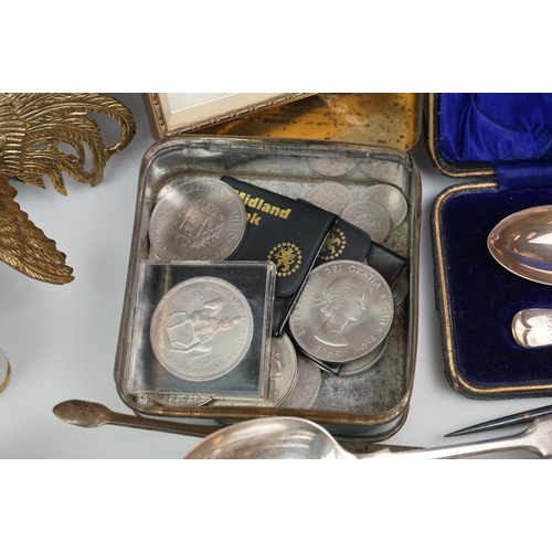 298 - A box of mixed collectables to include a hallmarked silver candlestick, a cased hallmarked silver fo... 