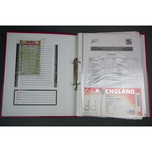 321 - Football - England World Cup 2010 qualifying, a binder containing home & away teamsheets, tickets, p... 