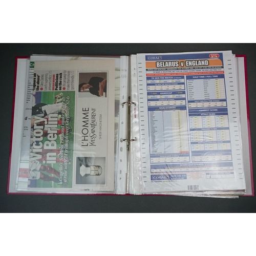 321 - Football - England World Cup 2010 qualifying, a binder containing home & away teamsheets, tickets, p... 
